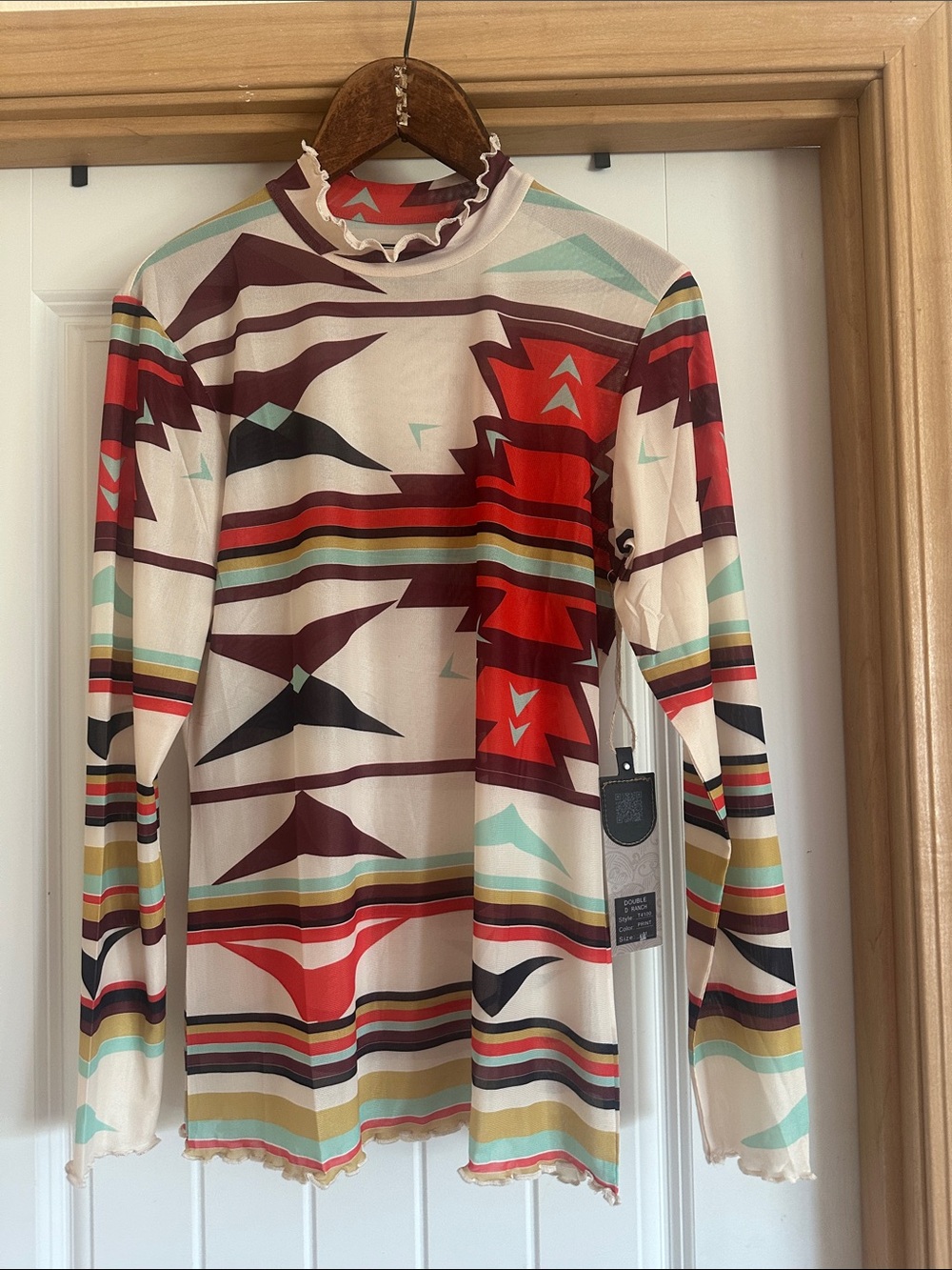 Double D Ranch Long-Sleeve Ruffle Mock Neck Top - Red, Cream, Teal, Black, Brown